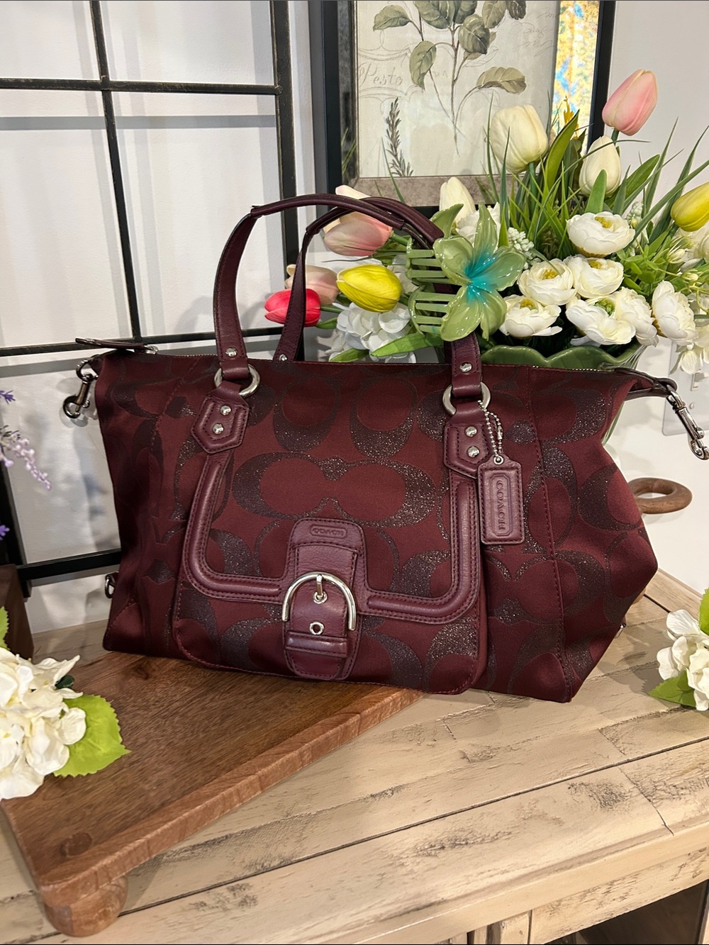 Coach Deep Burgundy Signature Jacquard Satchel